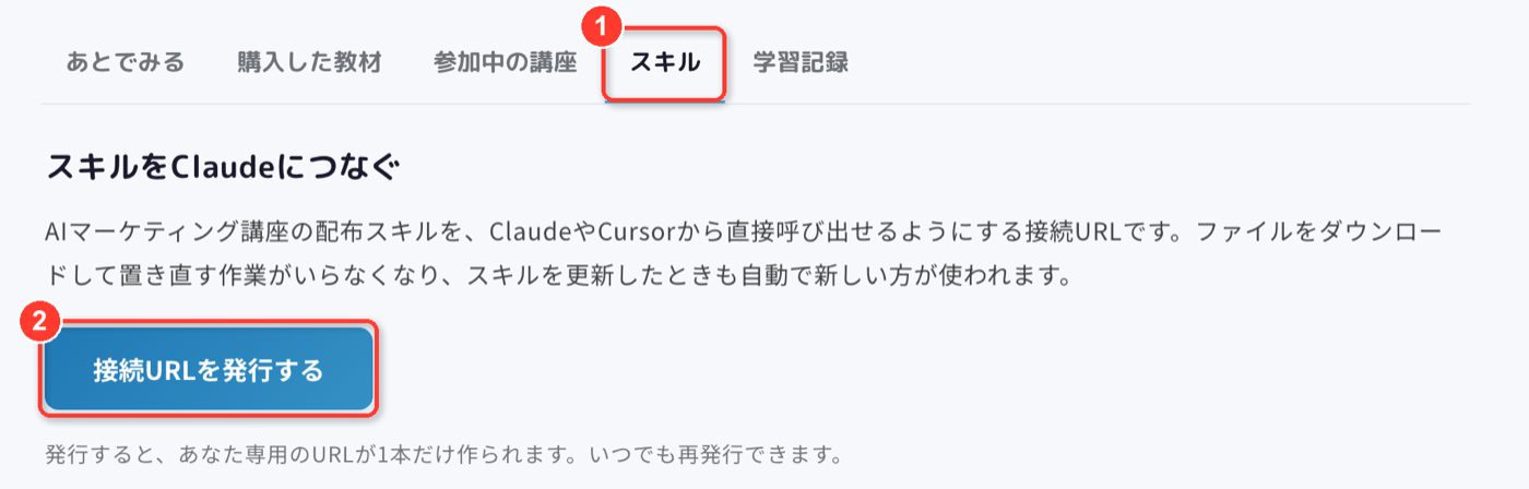 マイページのスキルタブと、接続URLを発行するボタンを示したスクリーンショット