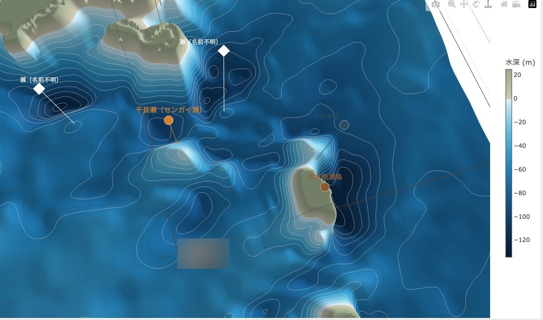 AIで見える化した島周辺の3D海底地形マップ（本人のスクリーンショット）